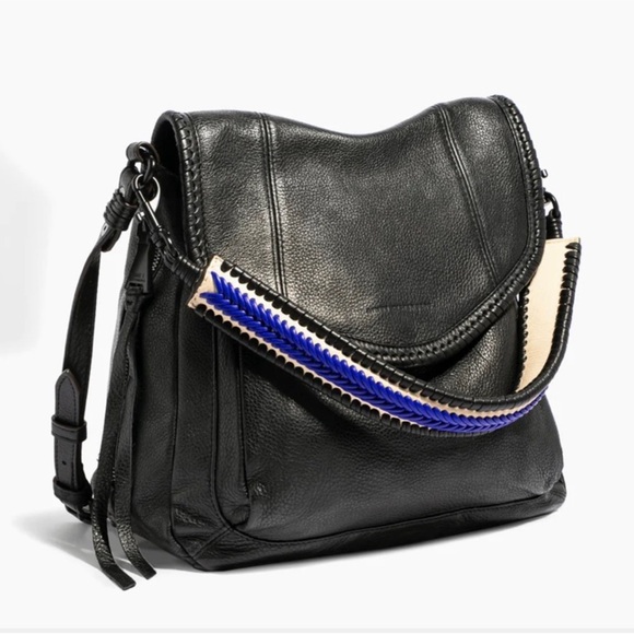 Aimee Kestenberg Black Leather Shoulder Bag with Blue Accent Strap - Picture 2 of 16